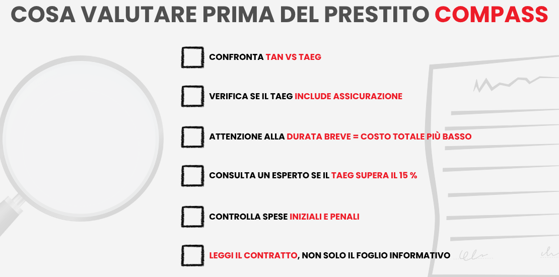 Cosa valutare prima del prestito Compass Confronta TAN vs TAEG Verifica se il TAEG include assicurazione Attenzione alla durata breve = costo totale più basso Consulta un esperto se il TAEG supera il 15 % Controlla spese iniziali e penali Leggi il contratto, non solo il foglio informativo