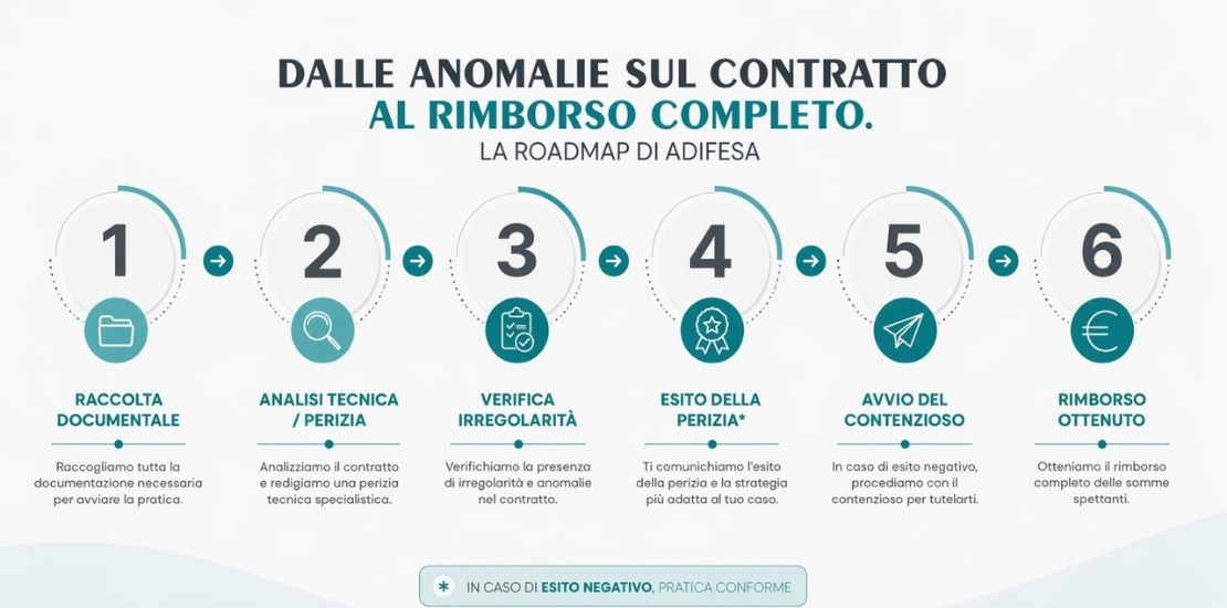 Dalle anomalie sul contratto al rimborso completo. La roadmap di adifesa Raccolta documentale Raccogliamo tutta la documentazione necessaria per avviare la pratica analisi tecnica / perizia analizziamo il contratto e redigiamo una perizia tecnica specialistica verifica irregolarità verifichiamo la presenza di irregolarità e anomalie nel contratto esito della perizia* ti comunichiamo l'esito della perizia e lo strategia più adatta al tuo caso avvio del contenzioso in caso di esito negativo, procediamo con il contenzioso per tutelarti rimborso ottenuto otteniamo il rimborso completo delle somme spettanti